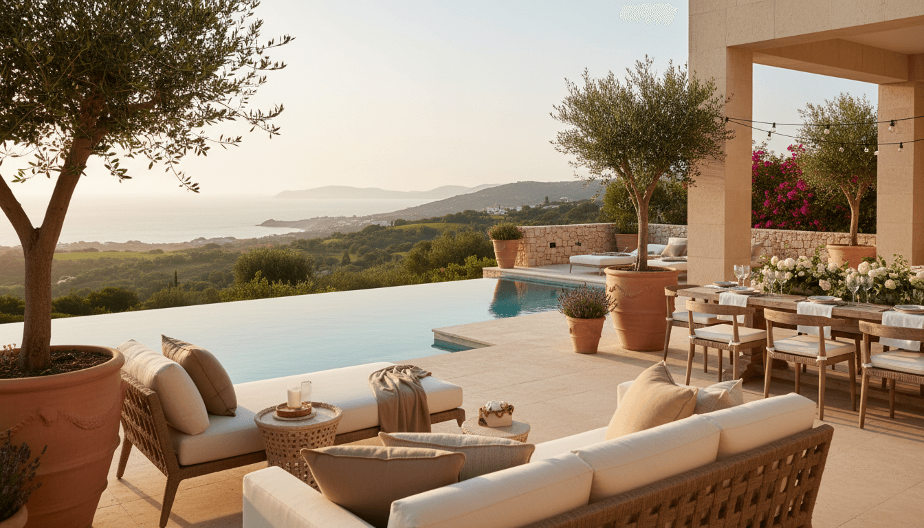 Desert luxury home with pool and mountain views during golden hour