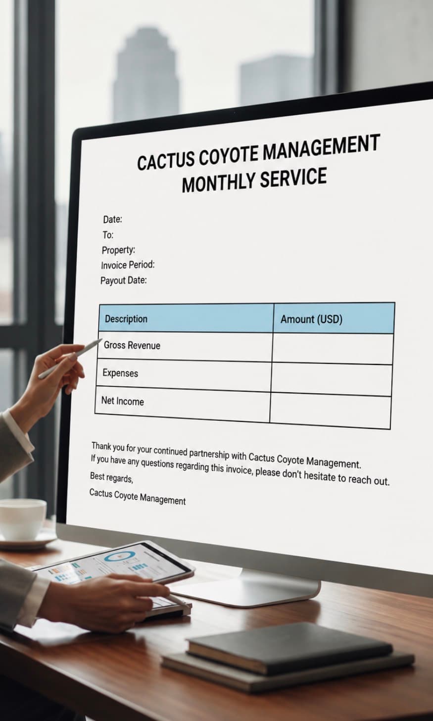 Person pointing a stylus at a monthly service invoice displayed on a computer monitor.